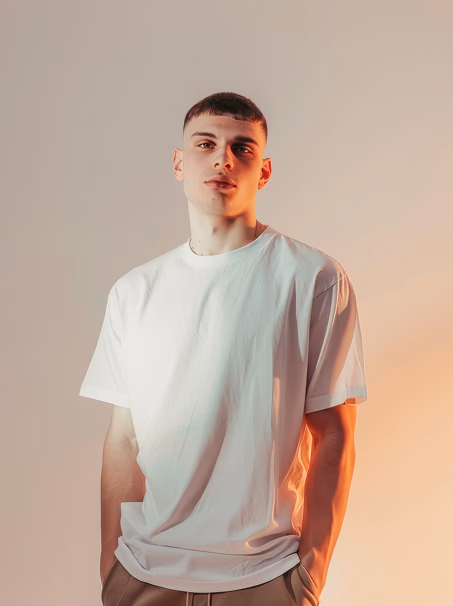 A young man in a white t-shirt stands against a light-colored background.